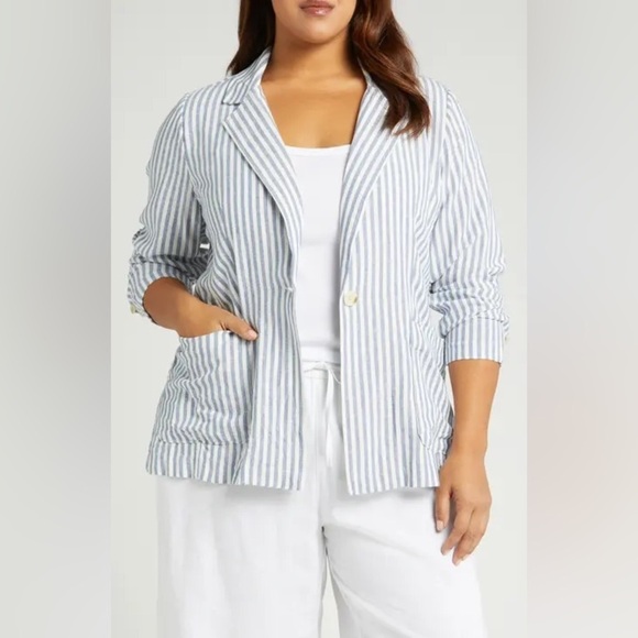 Caslon Jackets & Blazers - NWT Caslon Stripe Linen Blend Blazer In Blue-Ivory Brianne Stripe Plus Size 4X